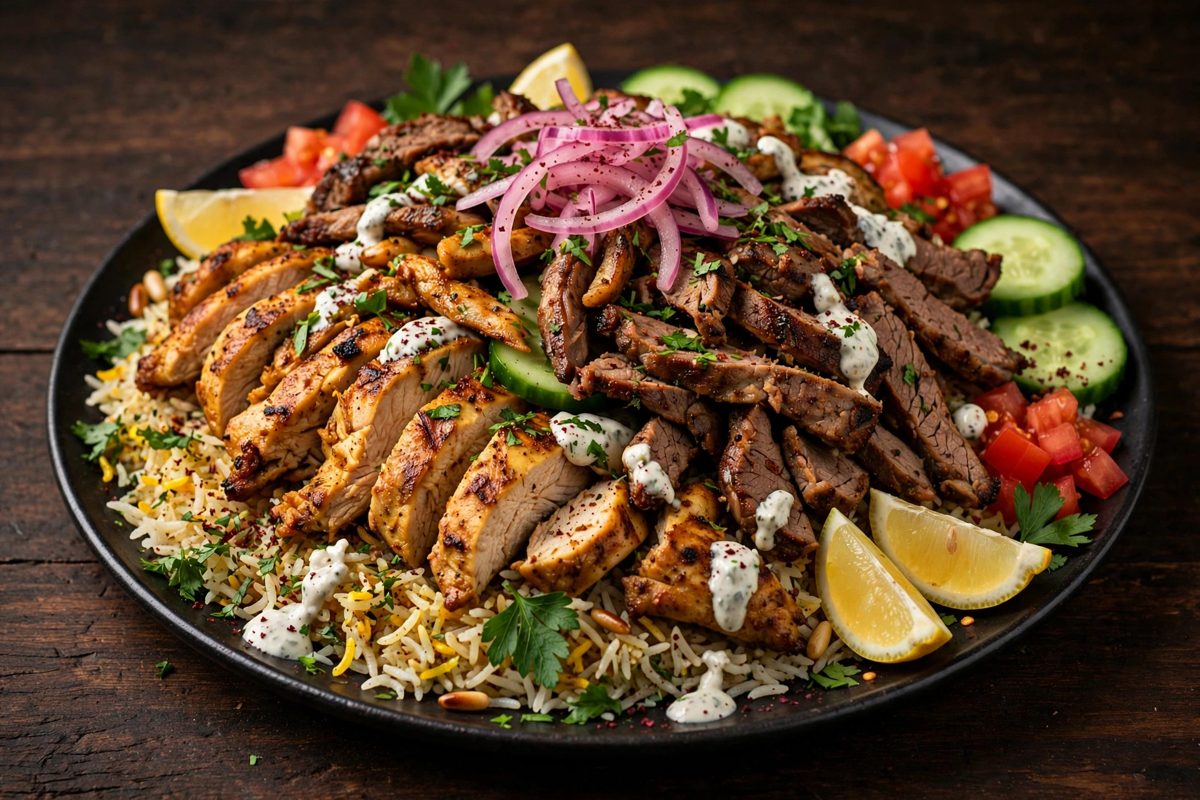 Chicken and lamb shawarma over rice with salad and lemon at Fresh Shawarma